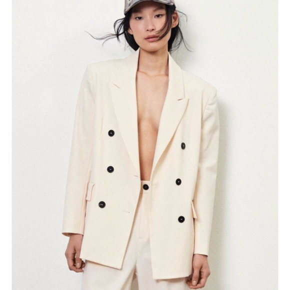 Zara Womens Oversized Double Breasted Blazer Size Large Ecru Academia Preppy - Picture 16 of 16